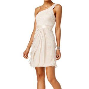 Adrianna Papell almond one-shoulder flutter chiffon formal dress wedding